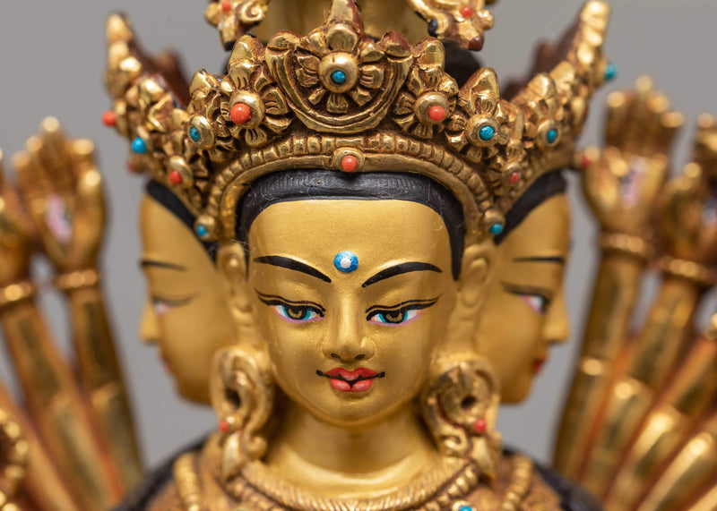 1000 Armed Chenrezig-Avalokiteshvara Statue | 24K Gold Hand Carved Himalayan Statue