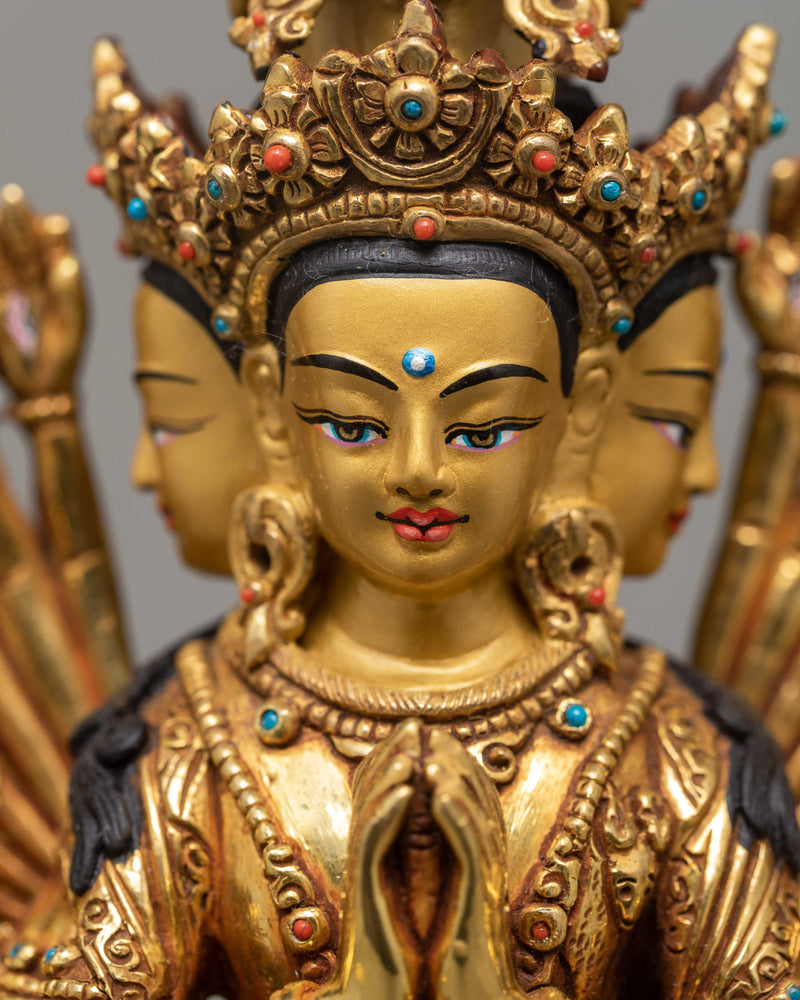 1000 Armed Chenrezig-Avalokiteshvara Statue | 24K Gold Hand Carved Himalayan Statue