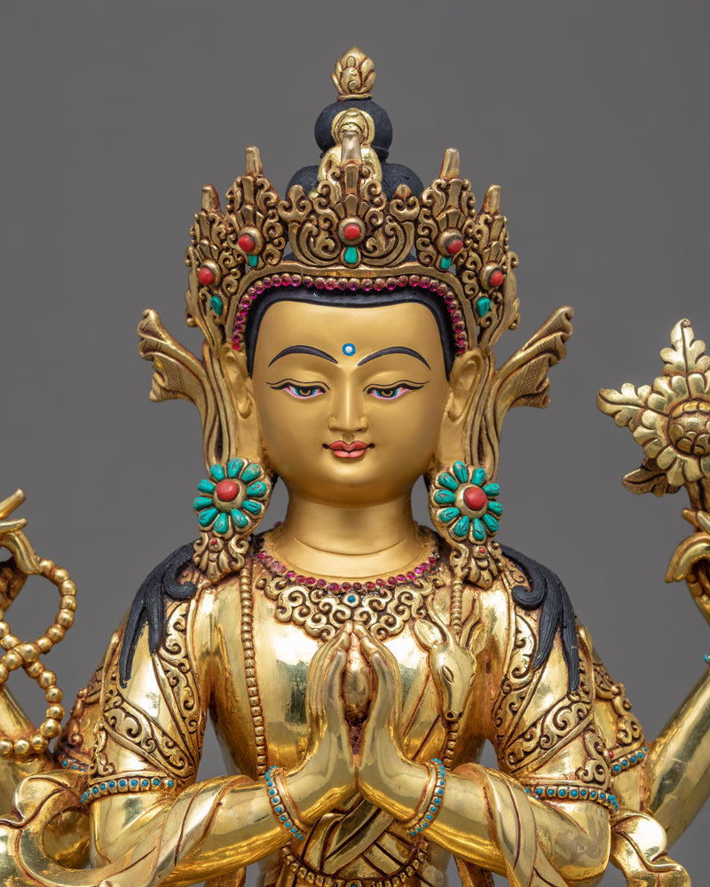 Chenrezig Gold Plated Sculpture | Traditional Himalayan Art