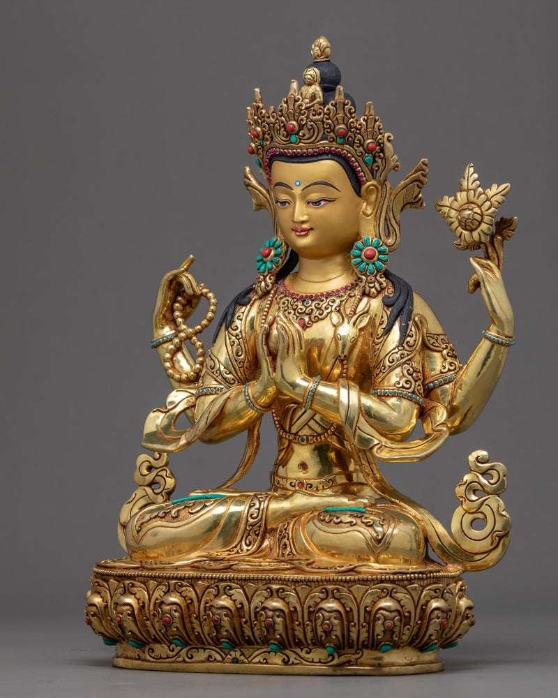 Chenrezig Gold Plated Sculpture | Traditional Himalayan Art