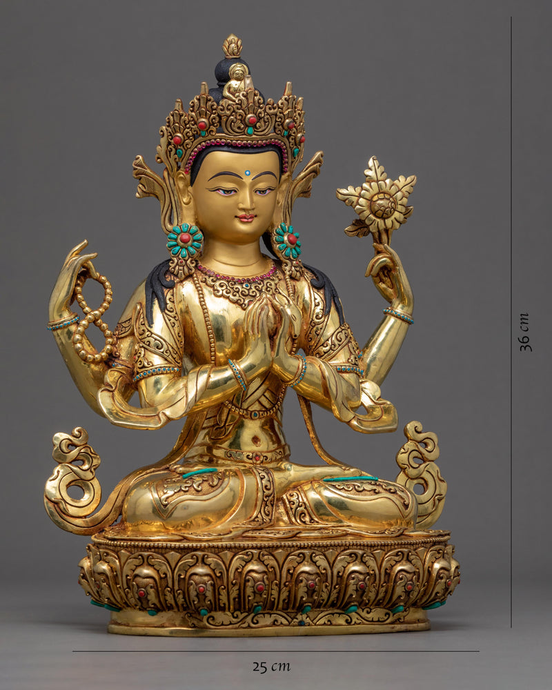 Chenrezig Gold Plated Sculpture | Traditional Himalayan Art