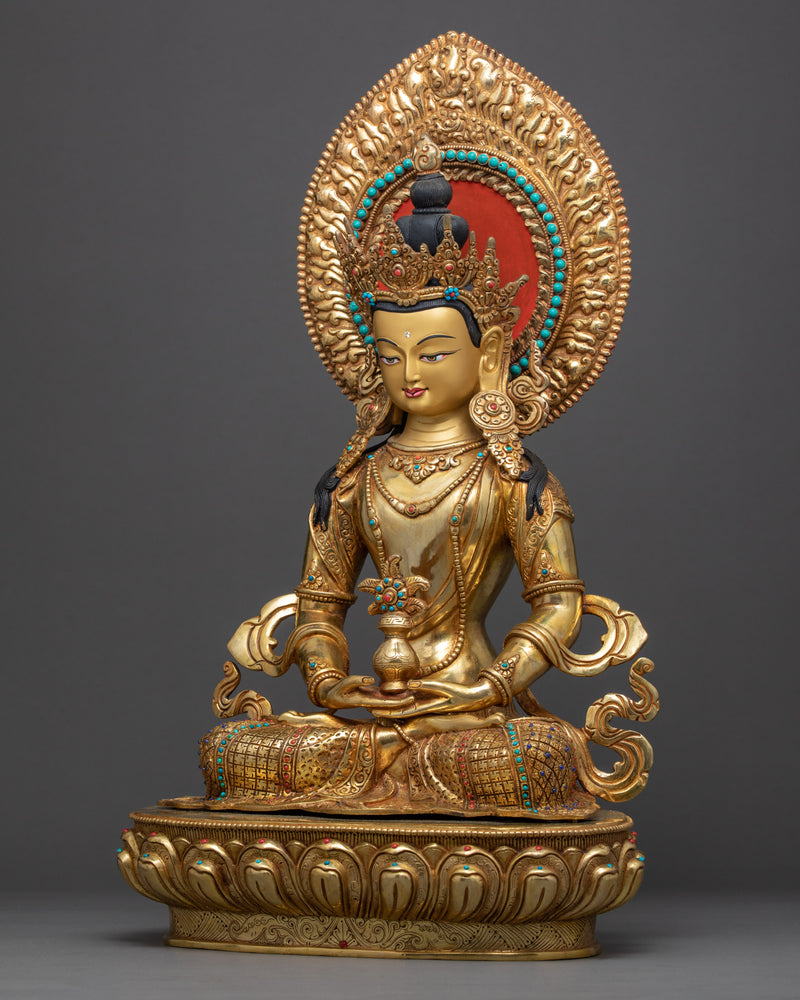 Long Life Buddha Amitayus Sculpture | Hand carved Gold Gilded Art