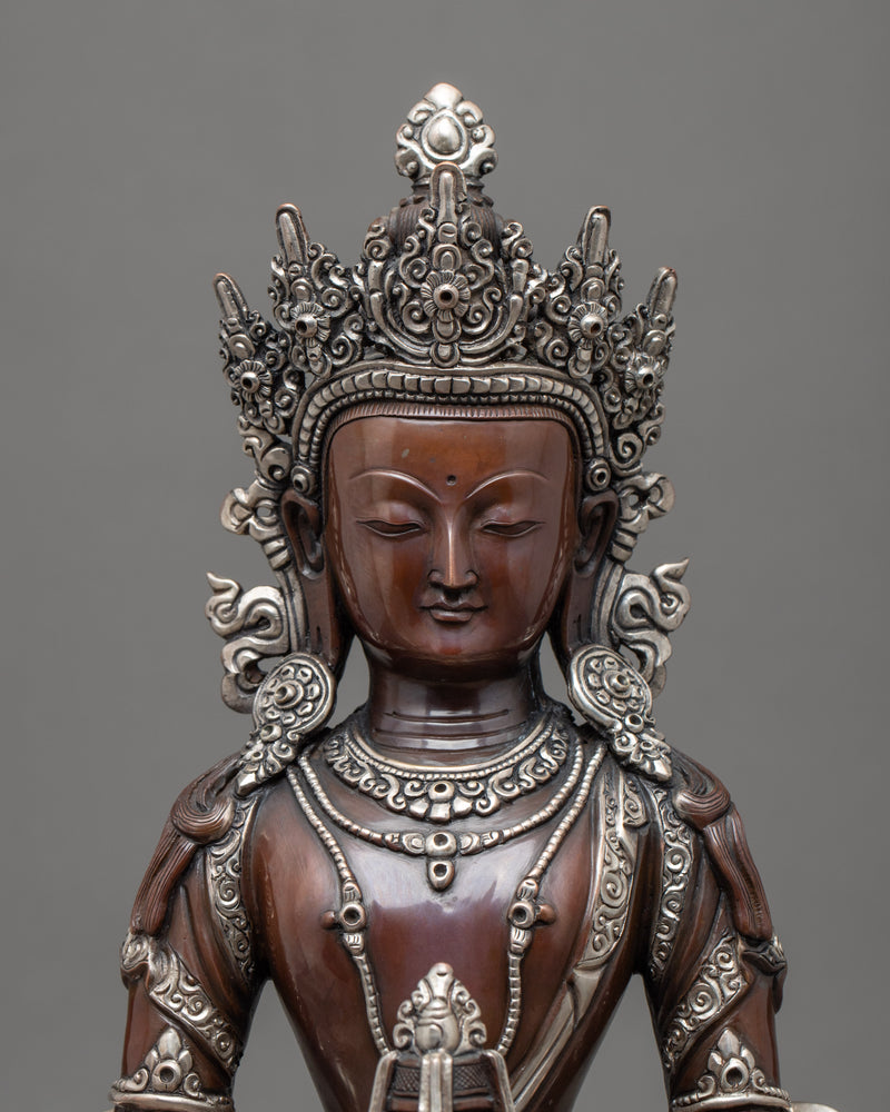 Buddha Amitayus Sculpture | Tibetan Art Plated with Silver