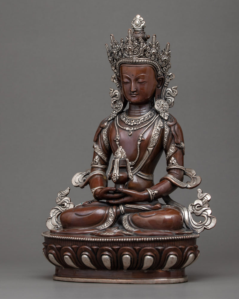 Buddha Amitayus Sculpture | Tibetan Art Plated with Silver