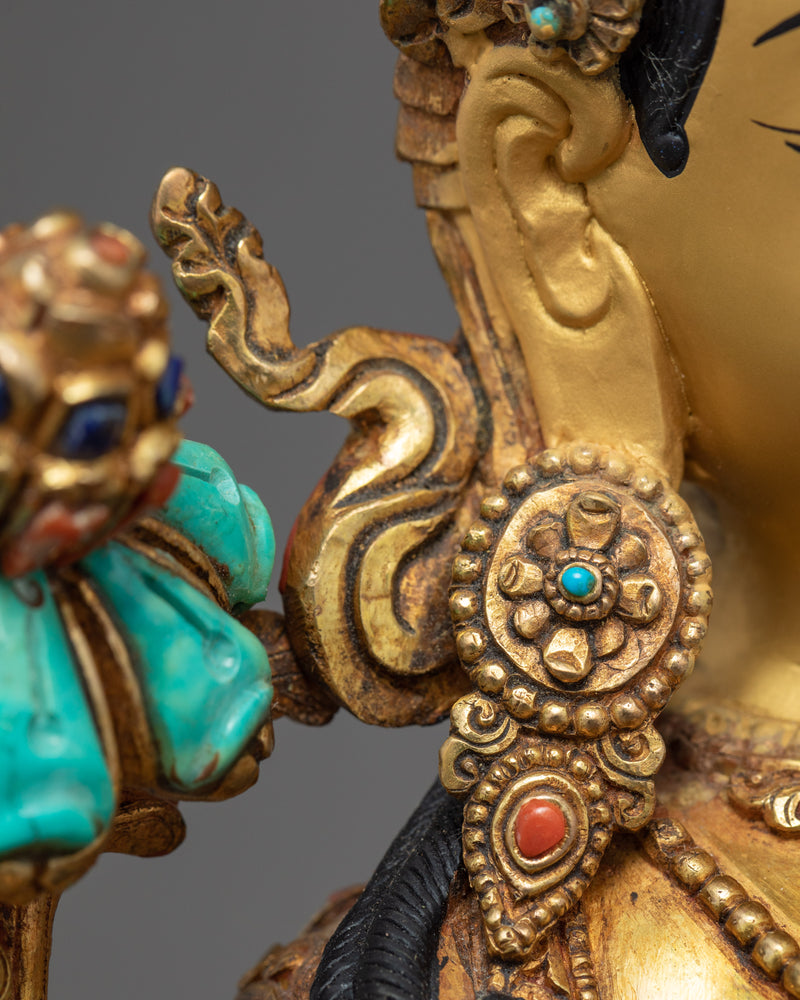 Green Tara Goddess Sculpture | Hand Carved 24K Gold Statue