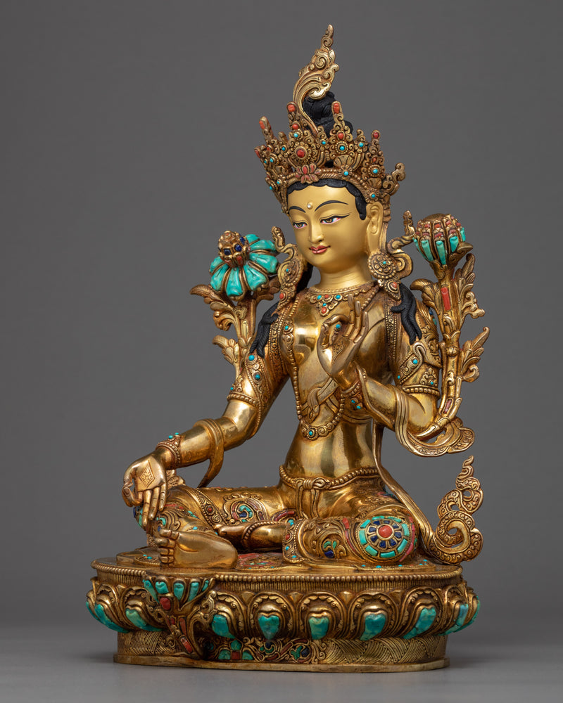 Green Tara Goddess Sculpture | Hand Carved 24K Gold Statue