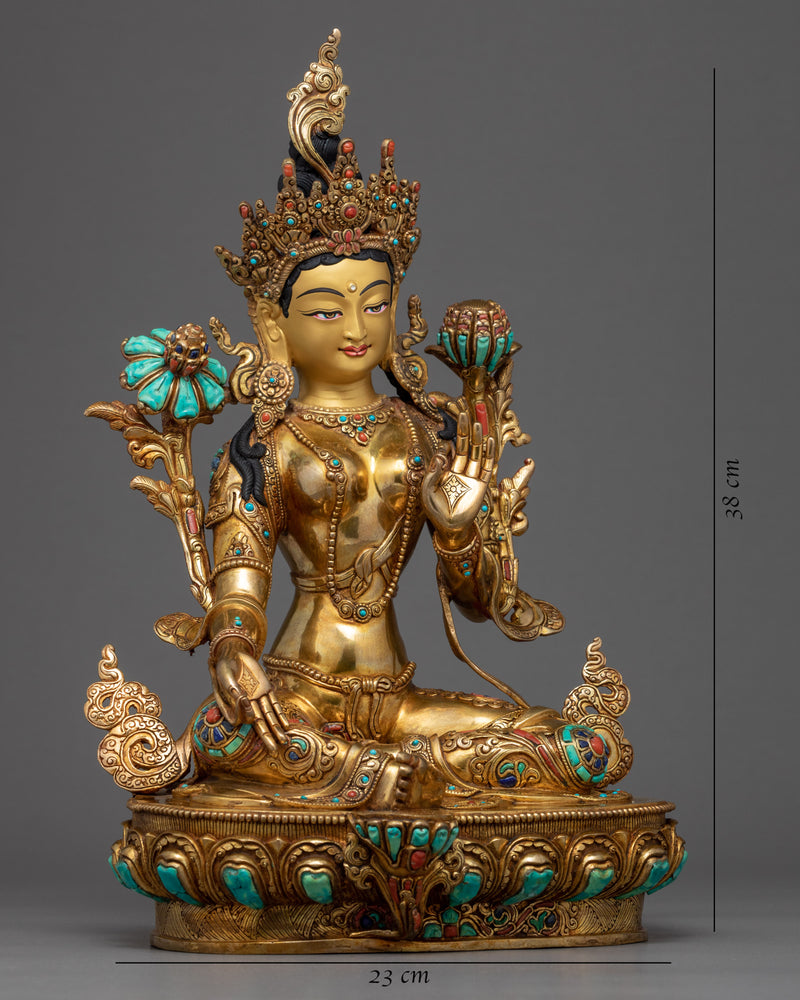 Green Tara Goddess Sculpture | Hand Carved 24K Gold Statue