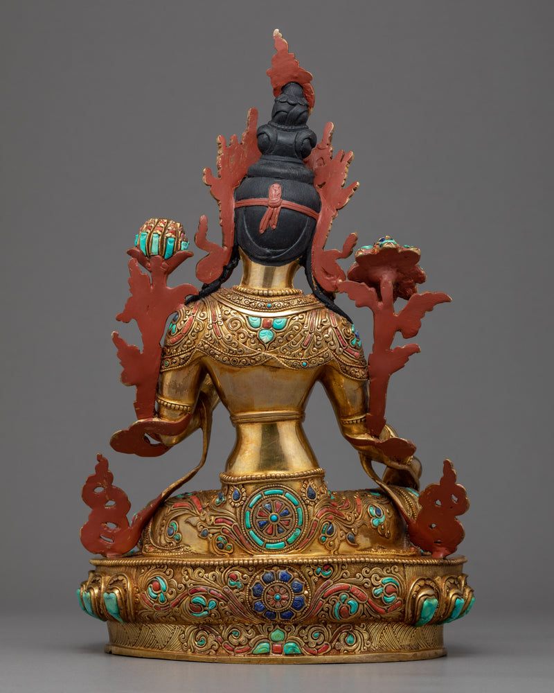 Green Tara Goddess Sculpture | Hand Carved 24K Gold Statue