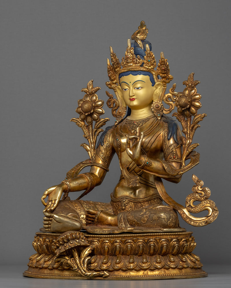 Green Tara Gold Plated Statue | Female Buddha of Compassion