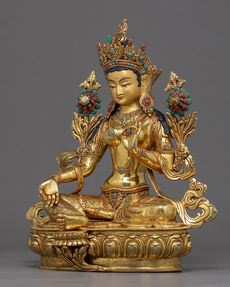 Tibetan Sculpture Green Tara | Gold Plated Himalayan Art