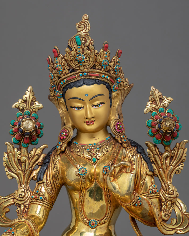 Tibetan Sculpture Green Tara | Gold Plated Himalayan Art