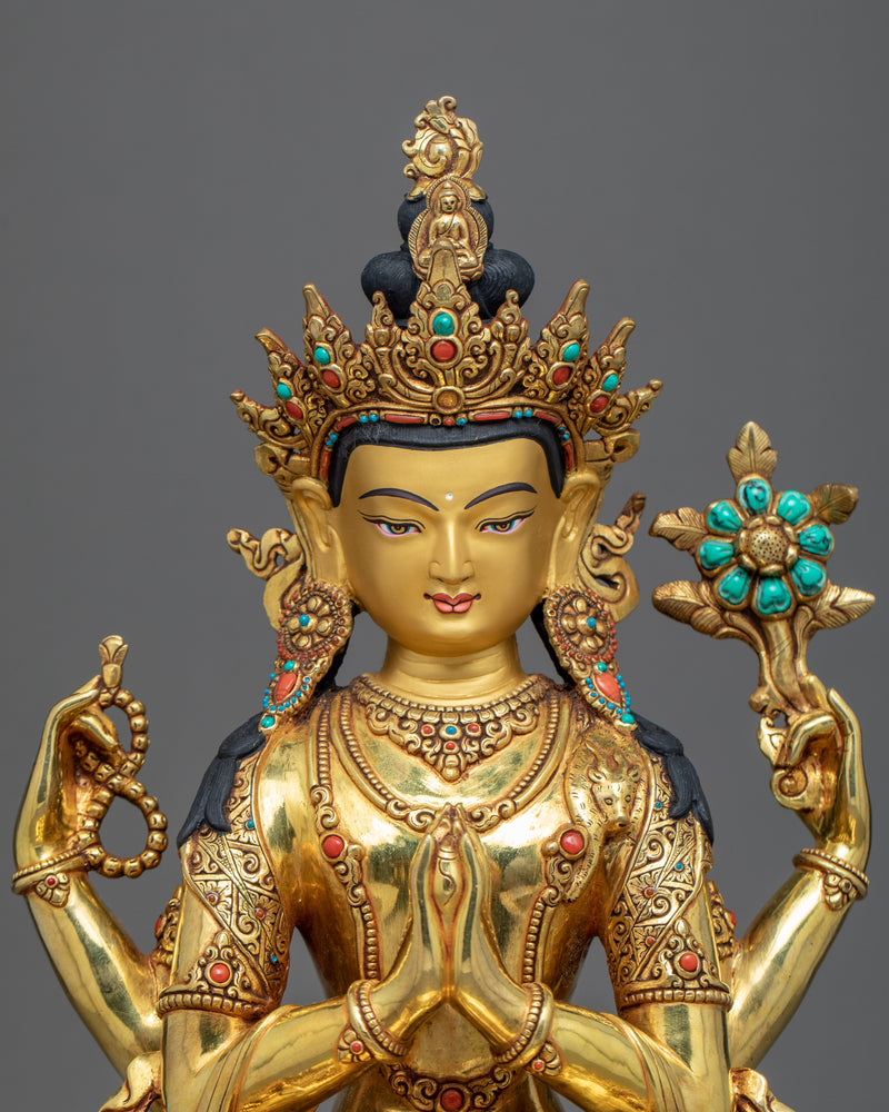 4 Arm Chenrezig Statue | Gold Gilded | Boddhisattva of Compassion