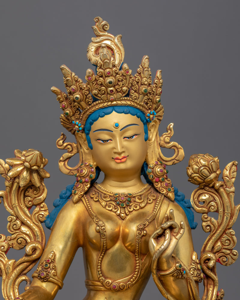 Green Tara Female Buddha Art | Mother Tara Statue | 24k Gold Gilded