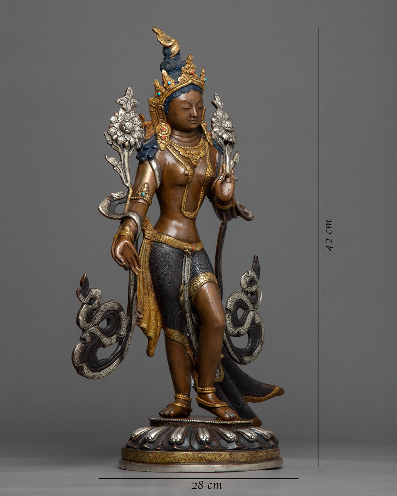 Standing Green Tara Statue | Hand Carved Gold Gilded Statue