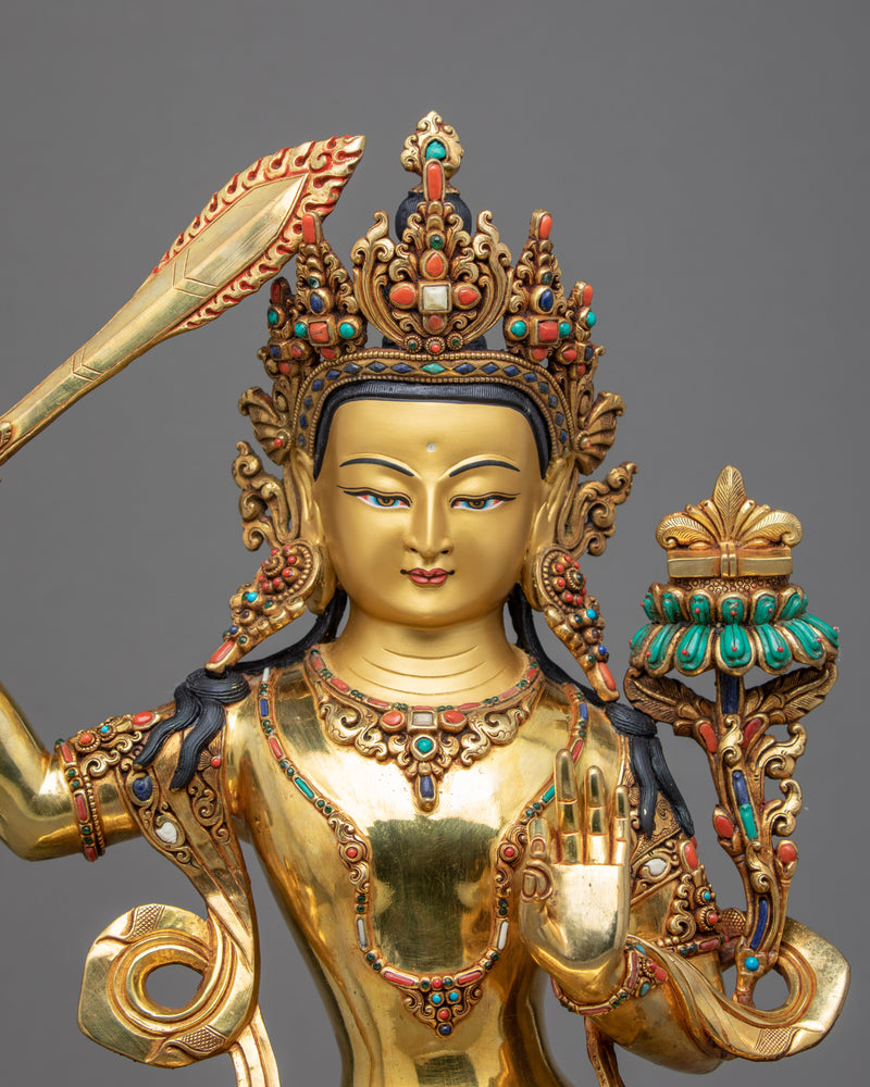 Manjushri Buddhism Statue | Tibetan Art Plated with Gold