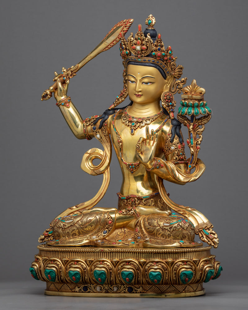 Manjushri Buddhism Statue | Tibetan Art Plated with Gold