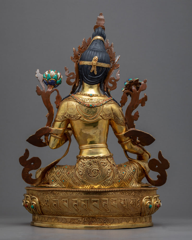 Female Buddha Sculpture | Tibetan Green Tara Art Plated with Gold