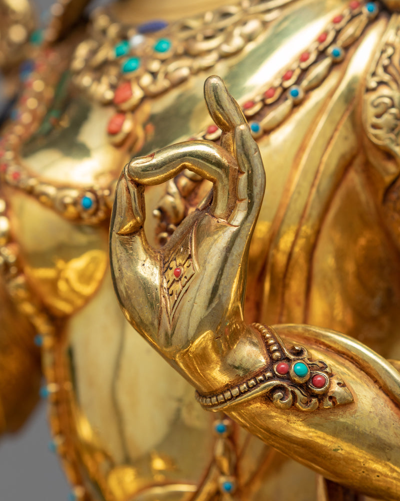 Female Buddha Sculpture | Tibetan Green Tara Art Plated with Gold