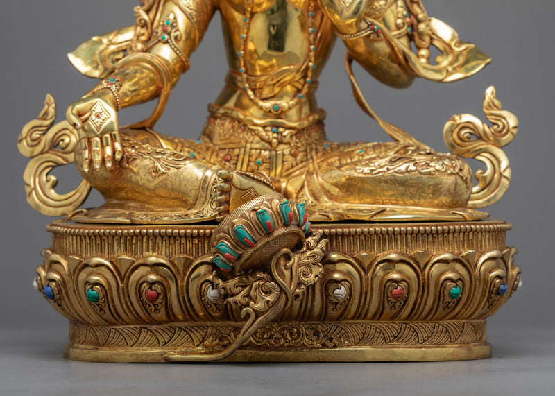 Female Buddha Sculpture | Tibetan Green Tara Art Plated with Gold