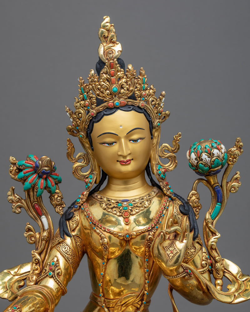 Female Buddha Sculpture | Tibetan Green Tara Art Plated with Gold