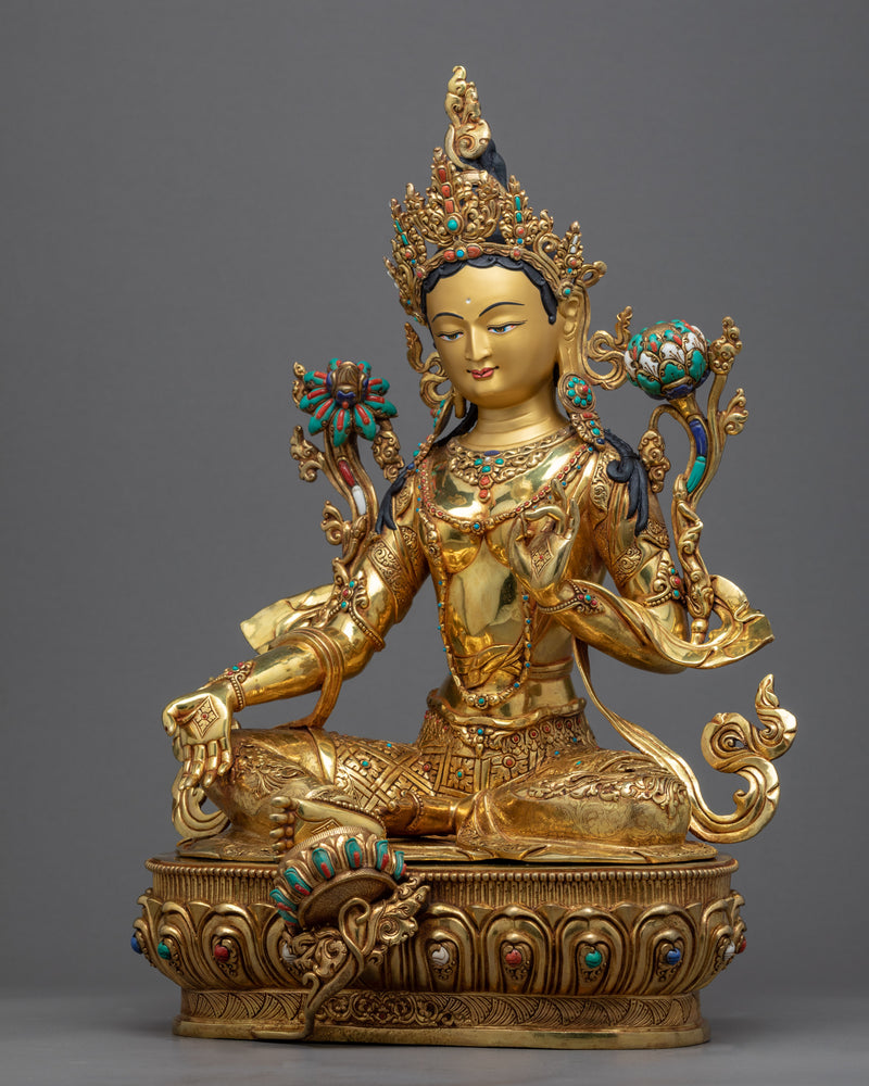 Female Buddha Sculpture | Tibetan Green Tara Art Plated with Gold