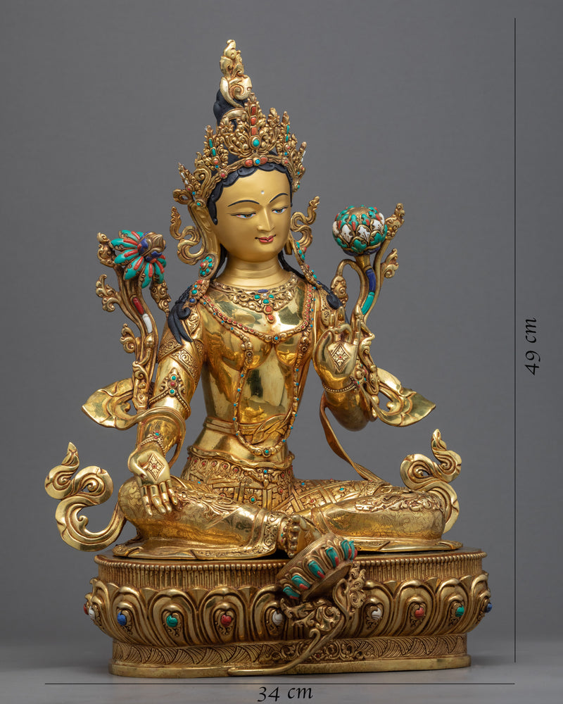 Female Buddha Sculpture | Tibetan Green Tara Art Plated with Gold