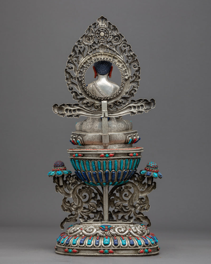 Tibetan Buddha Shakyamuni Sculpture | Silver Plated Himalayan Art