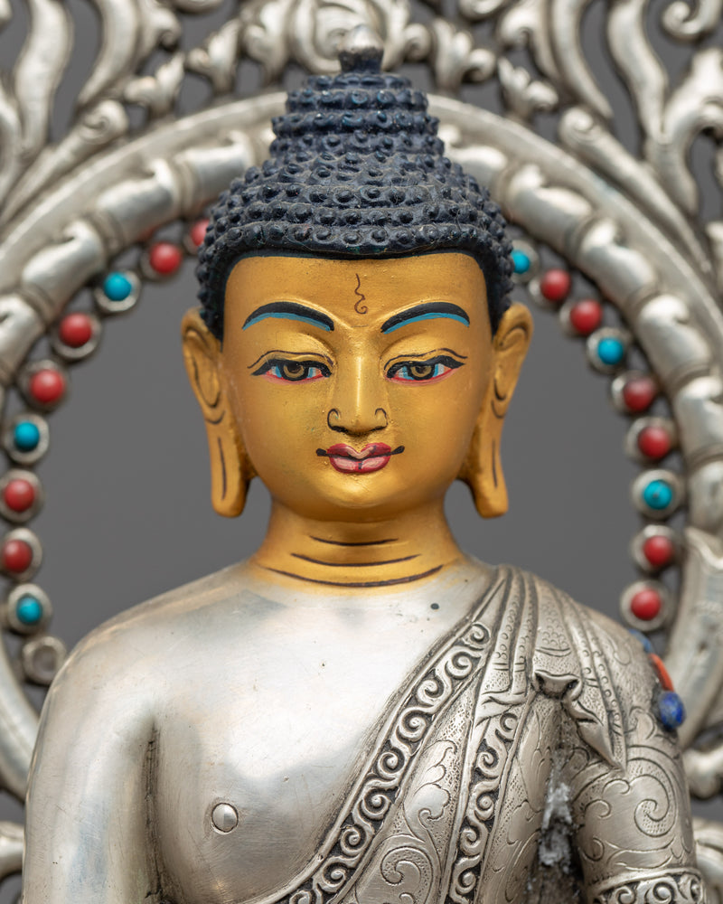 Tibetan Buddha Shakyamuni Sculpture | Silver Plated Himalayan Art