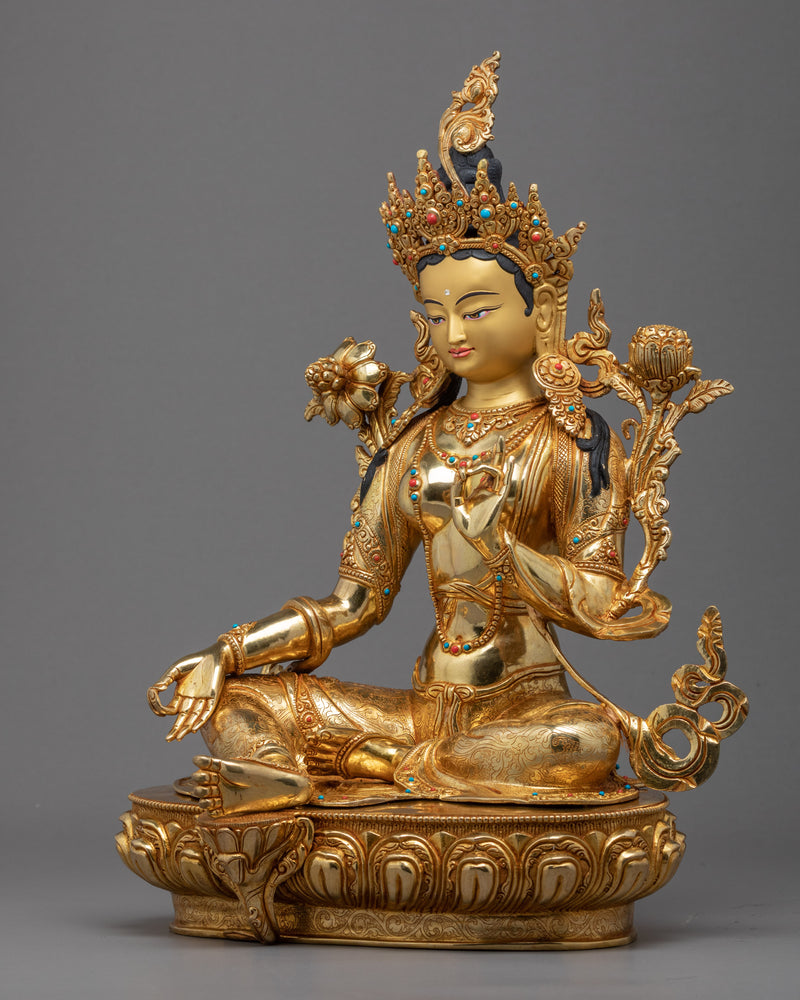 Green Tara Gold Statue | Goddess of Compassion