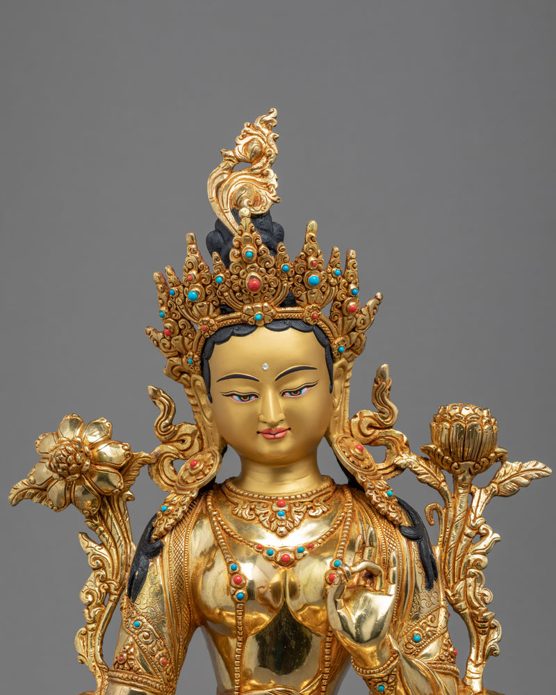 Green Tara Gold Statue | Goddess of Compassion