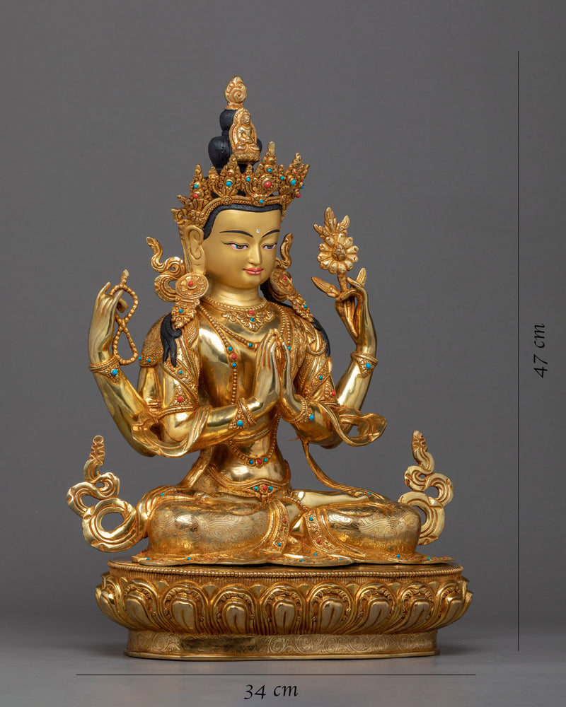 4 Arms Chenrezig Sculpture | Traditional Tibetan Art