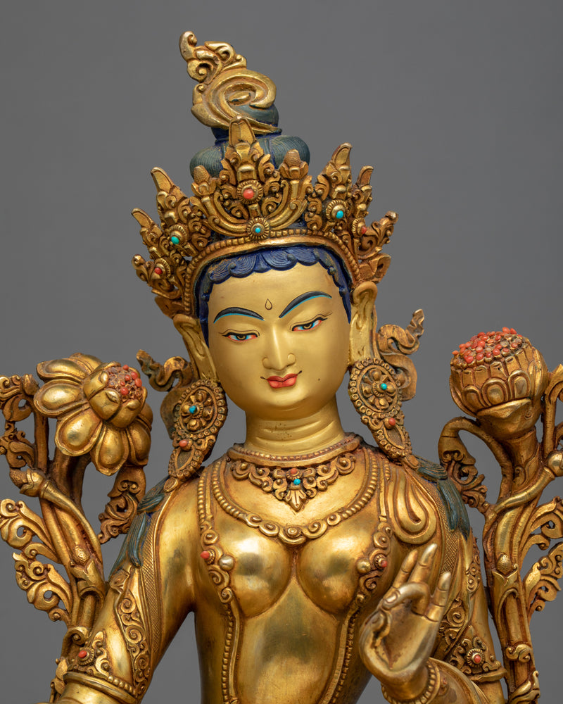 Green Tara Gold Plated Statue | Handmade Buddhist Artwork