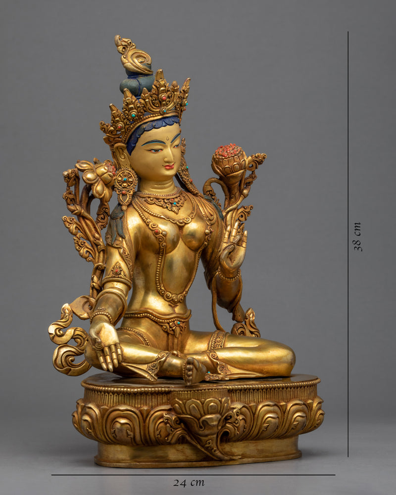 Green Tara Gold Plated Statue | Handmade Buddhist Artwork