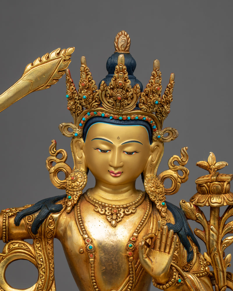 Bodhisattva Manjushri Gold Sculpture | Buddhist Wisdom Deity