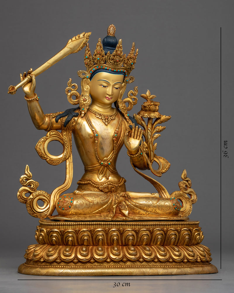 Bodhisattva Manjushri Gold Sculpture | Buddhist Wisdom Deity