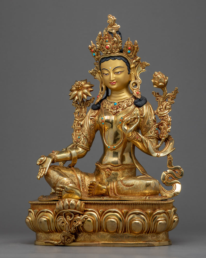 Tibetan Statue Green Tara | Gold Plated Himalayan Art