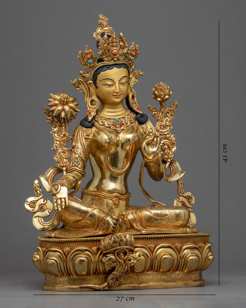 Tibetan Statue Green Tara | Gold Plated Himalayan Art