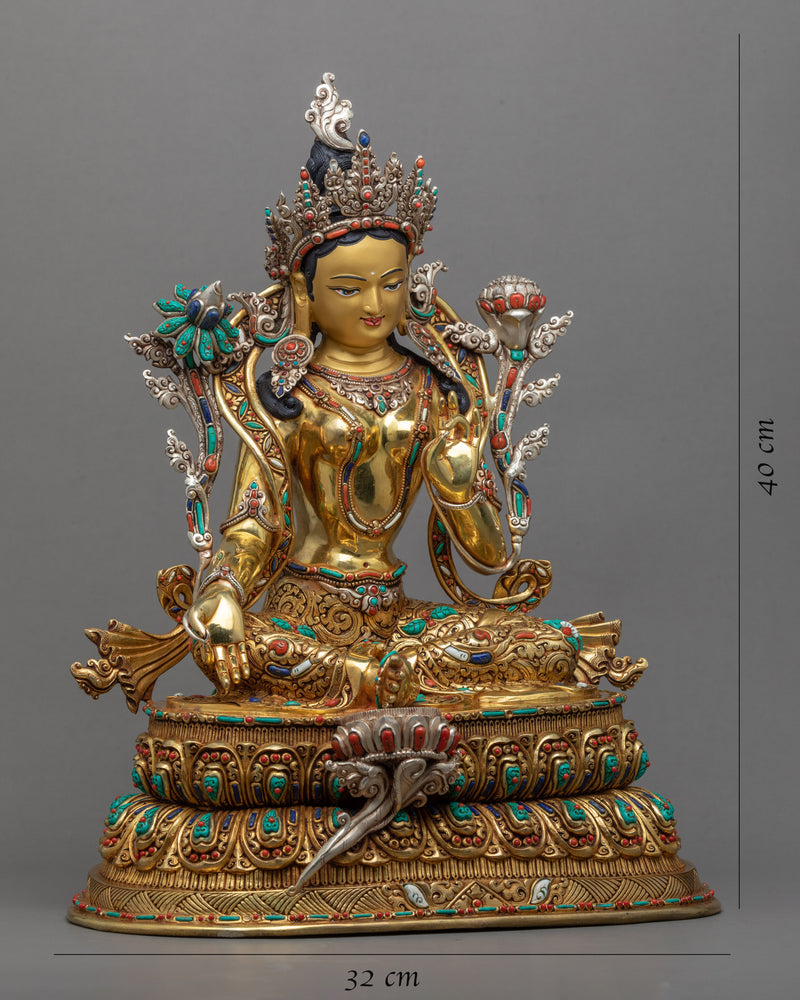 Green Tara Gold Gilded Sculpture | Mother Tara Statue