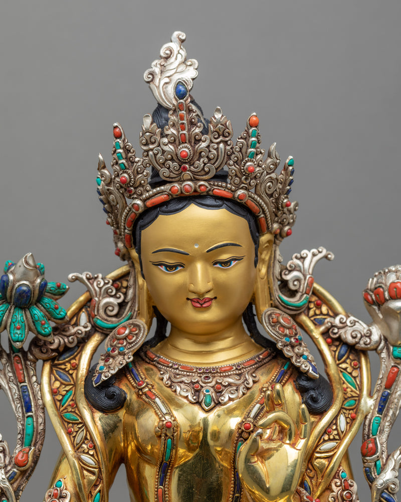 Green Tara Gold Gilded Sculpture | Mother Tara Statue