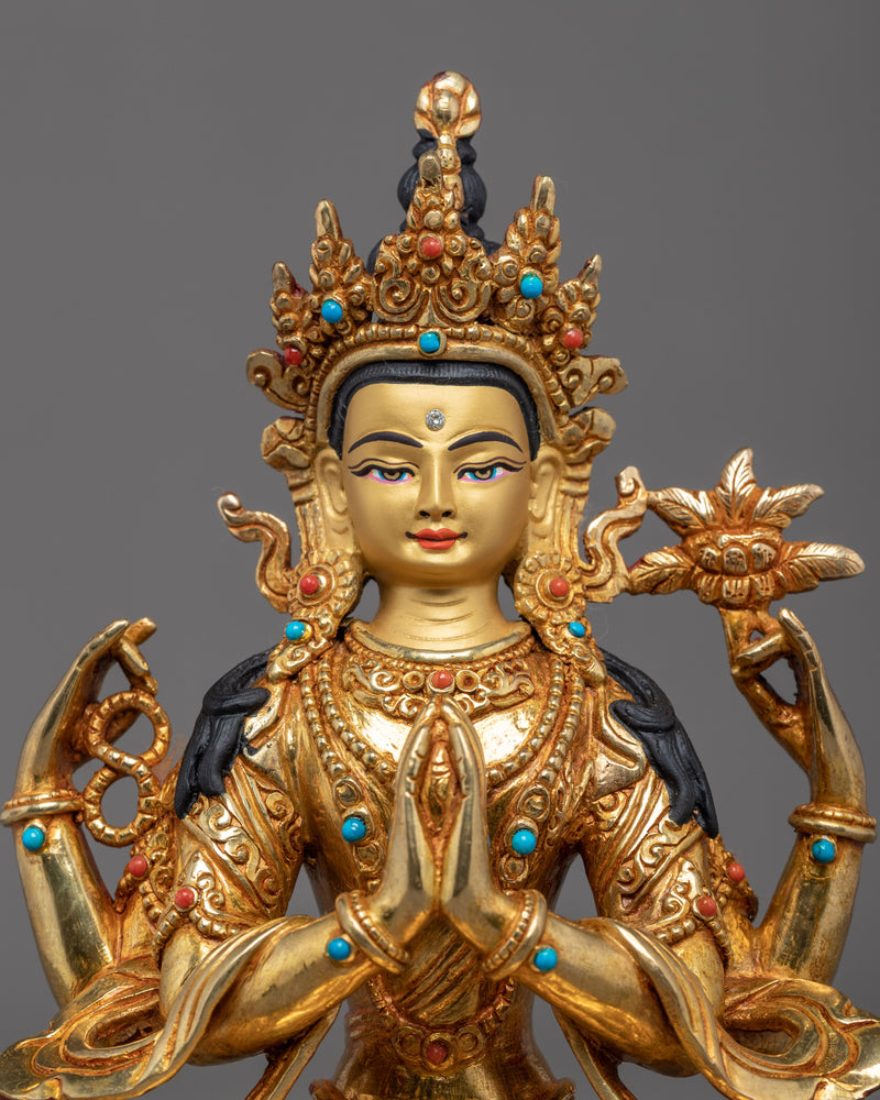 Four Armed Chenrezig Statue Himalayan Sculpture | Hand Crafted Gold Statue