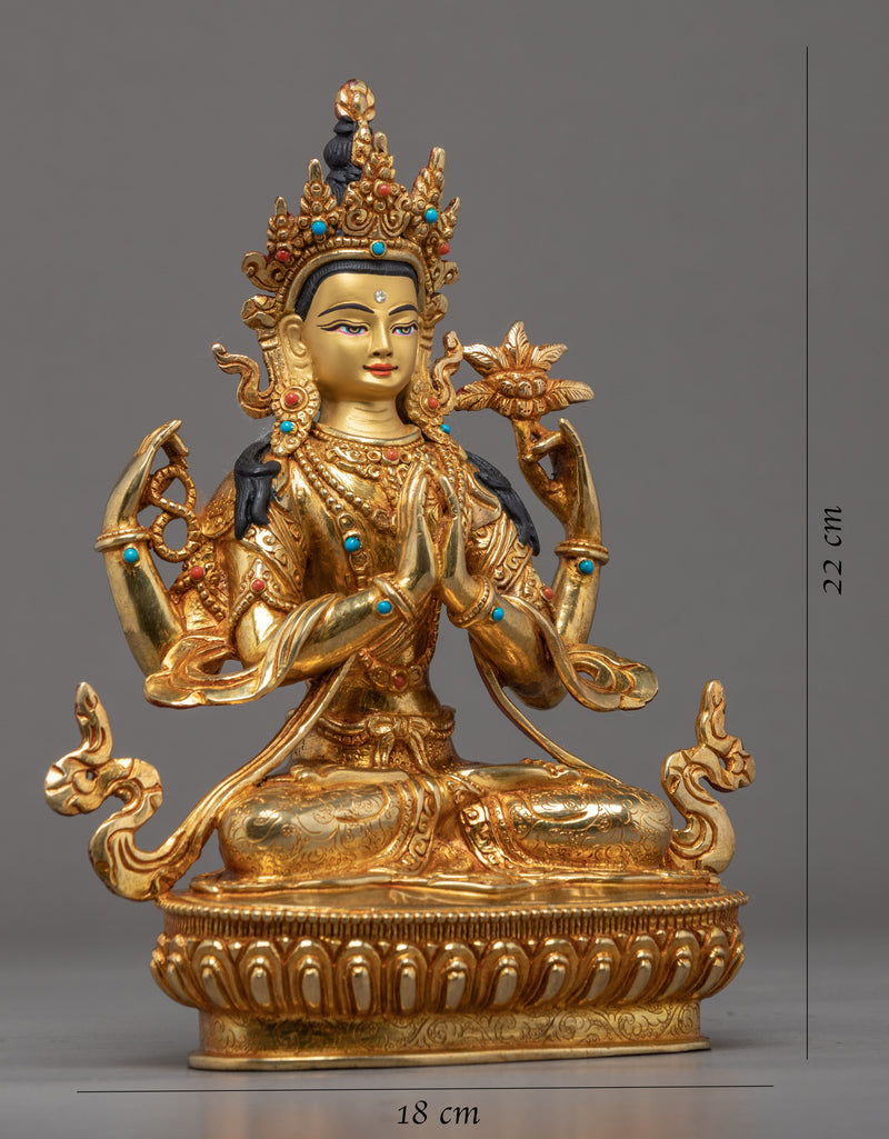 Four Armed Chenrezig Statue Himalayan Sculpture | Hand Crafted Gold Statue