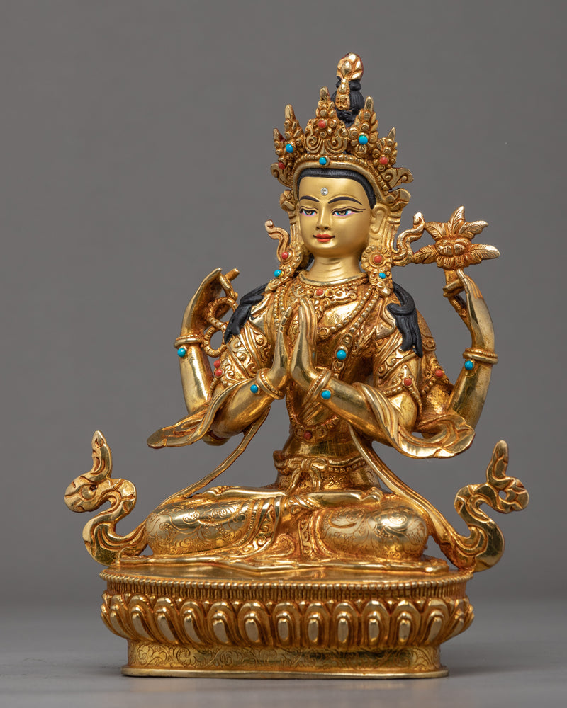 Four Armed Chenrezig Statue Himalayan Sculpture | Hand Crafted Gold Statue