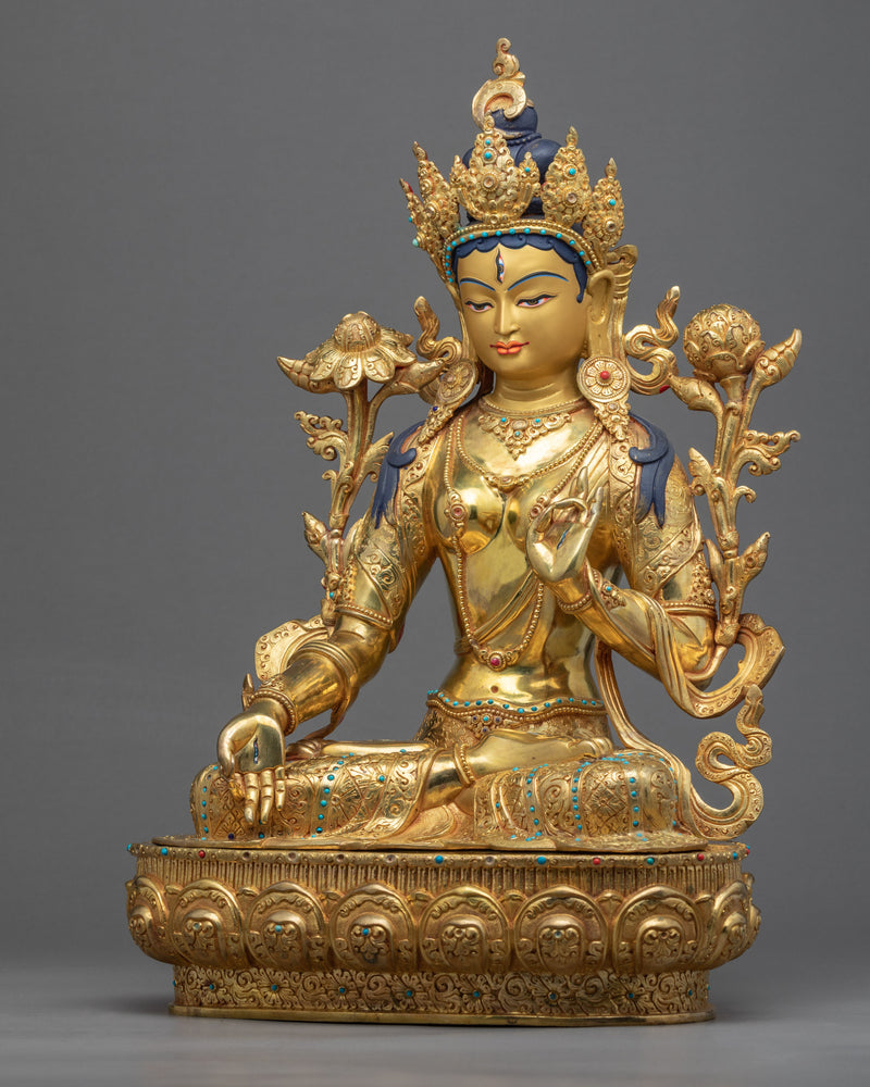 White Tara Symbolism Sculpture | Tibetan Art Plated with Gold