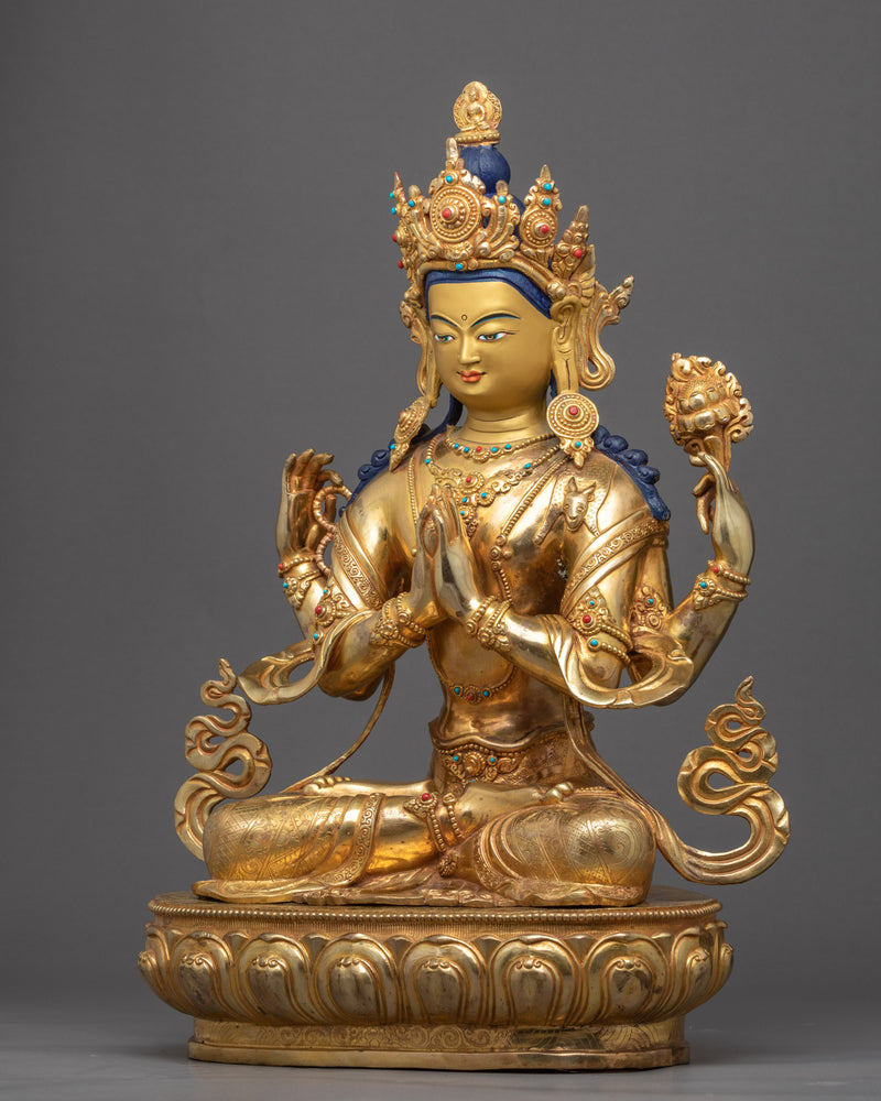 Bodhisattva Chenrezig Initiation Statue | Gold Gilded Avalokiteshvara Artwork