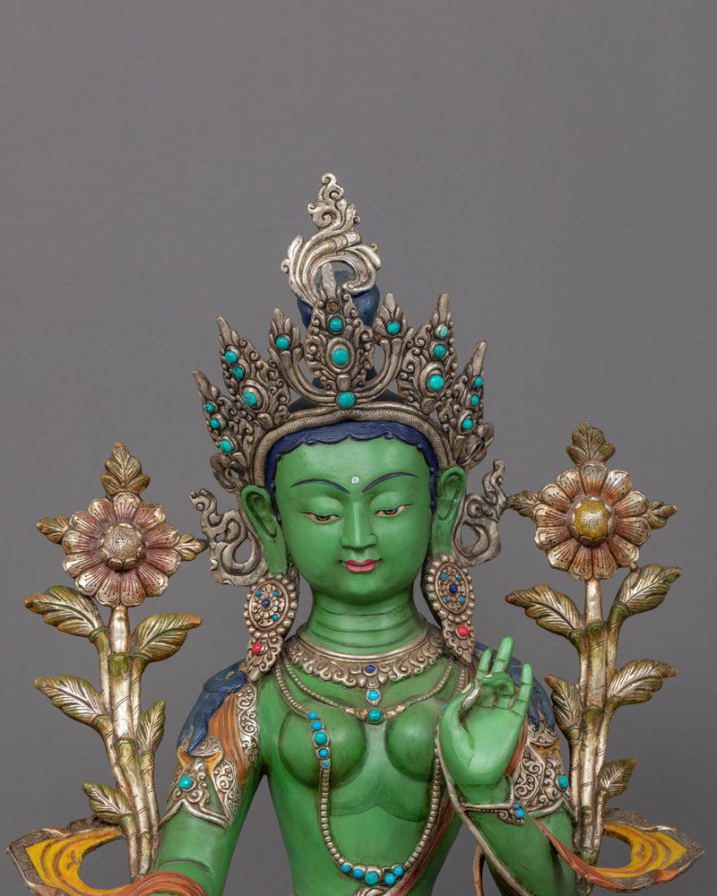 Green Tara Mother Of Buddha Sculpture | 24K Gold Hand Carved Statue