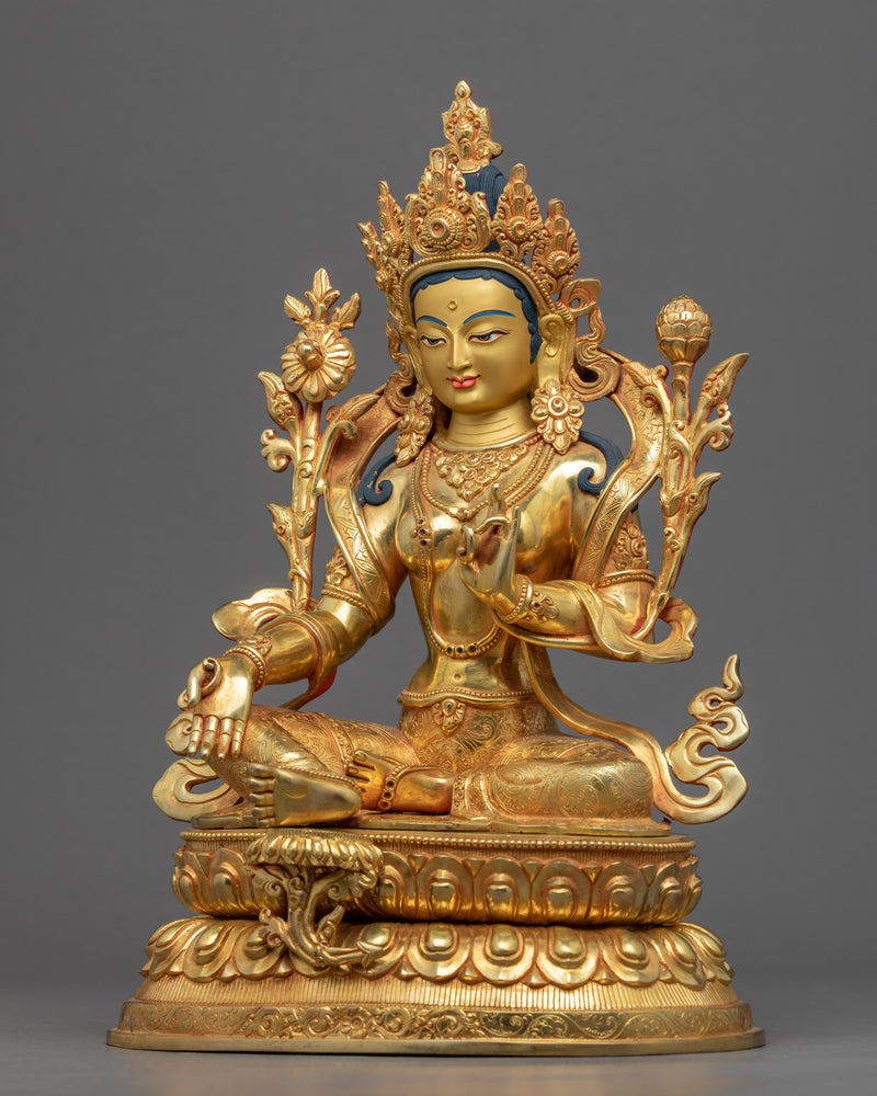 Green Tara Goddess Buddhism Sculpture | Hand-Carved Female Buddha Artwork