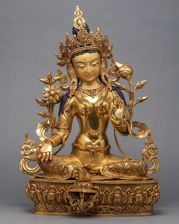 Green Tara Statue | Pure Gold Gilded Buddhist Art