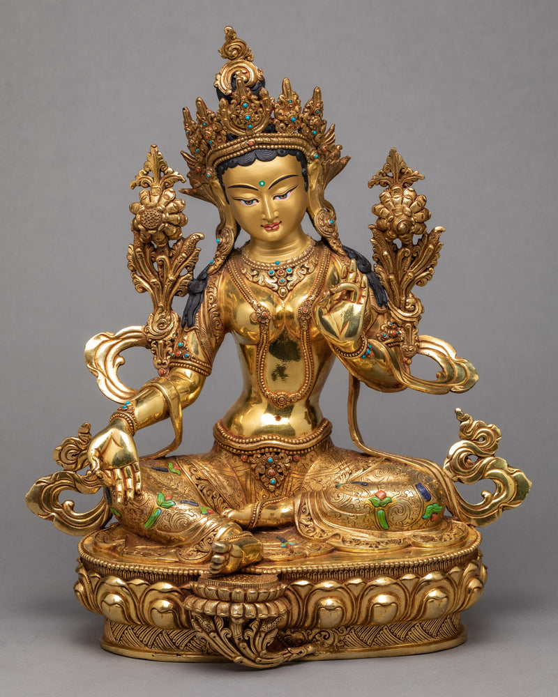 Green Tara Statue | Plated With Gold Tibetan Sculpture