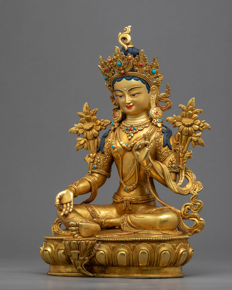 Green Tara Devi Buddha Sculpture | Traditional Tibetan Art Of Female Buddha