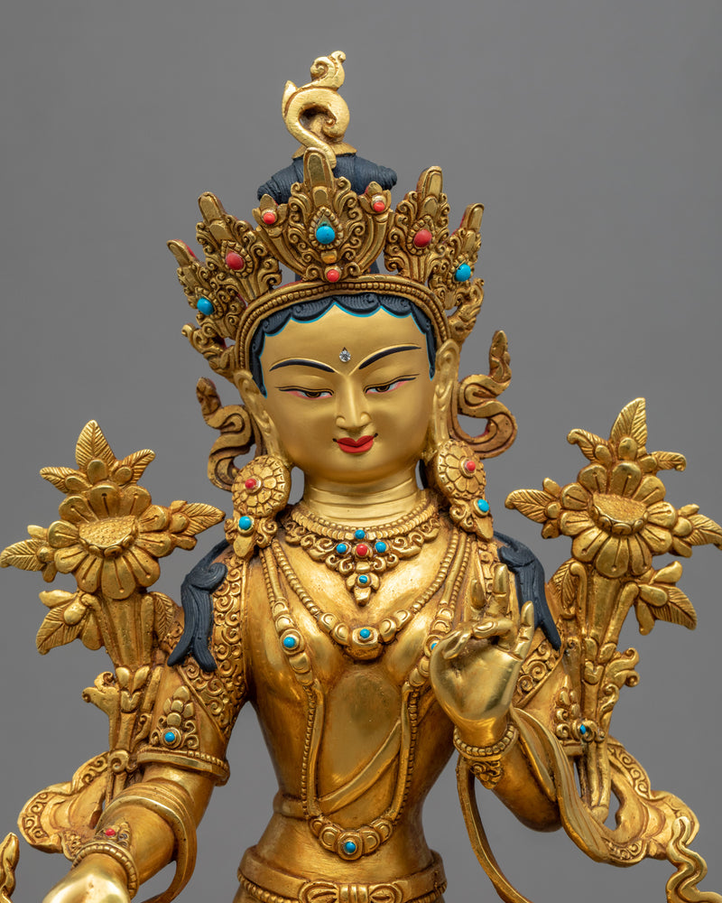 Green Tara Devi Buddha Sculpture | Traditional Tibetan Art Of Female Buddha